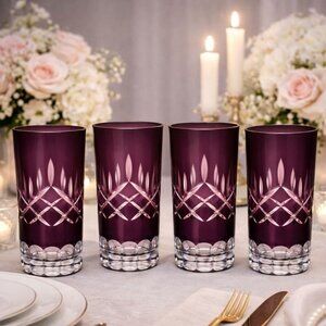 Amethyst Cut Crystal Highball Glasses Set Of 4 VTG Purple Romantic Luxe Ajka